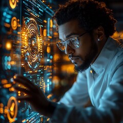 Poster - digital marketer controlling virtual ai driven marketing campaign on holographic screens