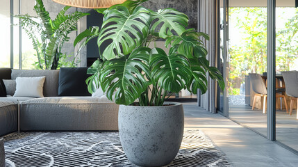 Wall Mural - large Monstera plant with mature leaves in stylish pot enhances modern living room aesthetic, bringing touch of nature indoors