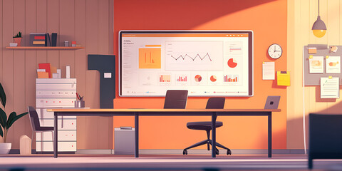 Poster - Modern Office Interior: Sunlit workspace with a modern desk, a large whiteboard displaying data and graphs, and a comfortable chair, illustrating a professional and productive environment. 