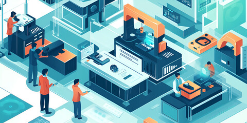Poster - The Future of Work: An isometric illustration showcasing a bustling tech hub, where individuals collaborate on innovative projects.