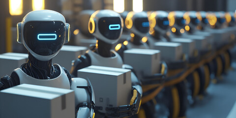 Poster - Automated Warehouse Efficiency: A line of sleek, white robots efficiently carries packages in a futuristic warehouse setting, showcasing advanced automation and logistics. 