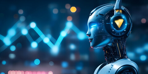 Poster - AI Trading Bot: Futuristic female robot analyzes market trends,  glowing data points and city lights in the background.  A symbol of technological advancement in finance.
