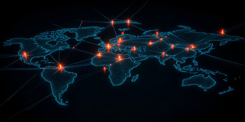 Poster - Global Network: A futuristic illustration of a glowing digital world map, showcasing interconnectedness and global reach. The map is rendered in a vibrant blue with red glowing points.