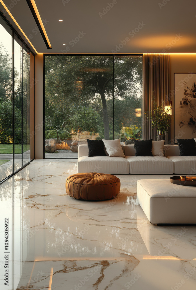 Modern interior design, a living room in a villa with a white marble ...