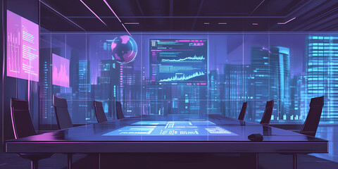 Poster - Futuristic Corporate Meeting Room: Neon-lit cityscape backdrop, holographic displays, and sleek technology define this modern, stylish boardroom. Perfect for presentations on innovation, technology.