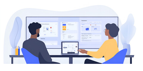 Poster - Data Analysis Duo: Two colleagues collaborate on a large screen, analyzing data and charts, showcasing the power of teamwork and data-driven decision-making.  