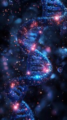 Poster - Futuristic Digital DNA Strand with Nanotechnology Enhancements Flowing Through Vibrant Cosmic Space