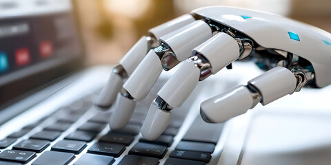 Poster - The Future is Now: A robotic hand, sleek and futuristic, effortlessly types on a laptop keyboard, symbolizing the growing role of AI in our world.  