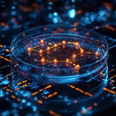 Poster - Synthetic Biology Petri Dish with Glowing Cells and Bioinformatics Data in Mid Air