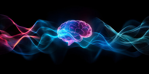 Poster - Brain Waves: A mesmerizing abstract illustration featuring a stylized brain pulsating within a sea of vibrant, flowing light waves.