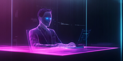 Poster - Digital Enigma: A futuristic and abstract representation of a man working on a laptop, enveloped in a neon glow, embodying innovation and technological advancement.  