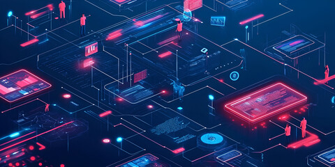Poster - Futuristic Network Hub:  A mesmerizing isometric illustration of a complex digital network, glowing with vibrant neon hues, nodes, and data streams.