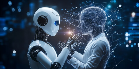 Poster - The Future is Now: A humanoid robot and a digital representation of a human stand face-to-face, symbolizing the growing interconnectedness of technology and humanity.
