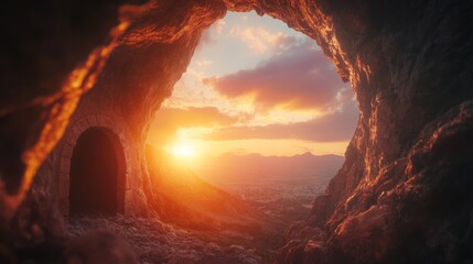 Poster - A cave with a sun shining through it