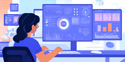 Poster - Data Driven Decisions: Woman analyzing data on multiple screens, illustrating the power of insights and strategic planning in the modern business world.