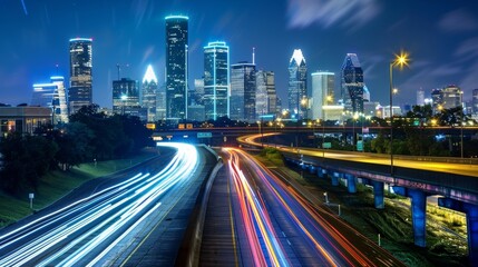 Poster - A modern cityscape parkway is transformed into a dazzling array of light trails after dark.