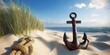 © tiger - Anchor in Sand by the Sea with Grass and Ocean Background