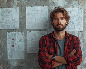 Poster - Startup Founder Surrounded by Business Plans and Sketches in Creative Workspace