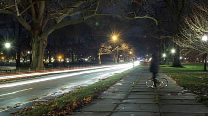 Poster - A lone jogger illuminated by passing cars making their way through the parks lightfilled paths.