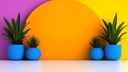 Poster - Wall with a blue and orange circle in the middle and two green plants on either side. The plants are in blue pots and the wall is painted in bright colors. The scene is lively and cheerful