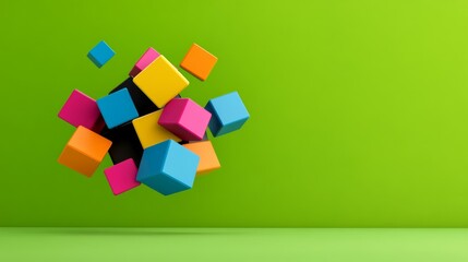 Poster - Colorful cube wall with a black cube in the middle. The cubes are scattered all over the wall, creating a sense of chaos and disarray. The black cube stands out as a contrast to the vibrant colors