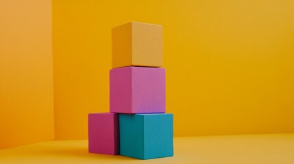 Poster - Stack of colorful blocks on a yellow background. The blocks are arranged in a pyramid shape, with the pink block at the bottom and the blue block at the top. The blocks are made of foam