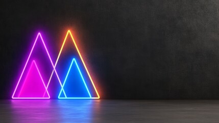 Poster - Neon sign with two triangles and a square. The sign is on a dark background, giving it a futuristic and modern feel. The neon colors of the triangles create a sense of energy and excitement