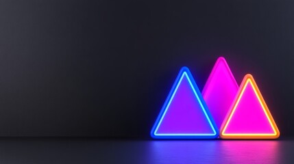 Poster - Black background with three neon colored triangles. The triangles are pink, orange and blue. The image is abstract and has a futuristic feel to it