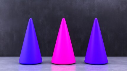Poster - Three purple and pink cones are on a grey surface. The cones are arranged in a row, with the pink cone in the middle and the purple cone on the right. Concept of balance and harmony