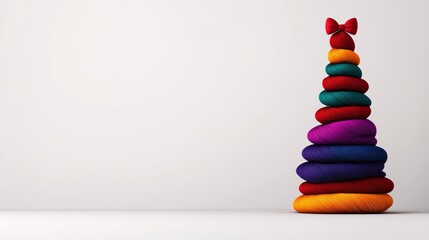 Poster - Colorful Christmas tree made of knitted balls. The tree is tall and has a bow on top. The background is a white wall