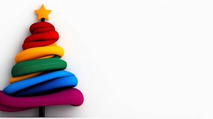 Poster - Colorful Christmas tree made of yarn. The tree is tall and has a star on top. The background is white