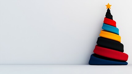 Poster - Christmas tree made of stacked chairs is shown against a white background. The tree is made of different colored chairs, including black, red, and blue. The image conveys a festive