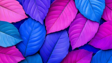 Poster - Colorful leafy background with a variety of different colored leaves. The leaves are arranged in a way that creates a sense of depth and movement. Scene is vibrant and lively