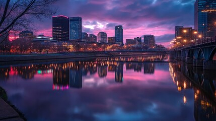 Poster - City Skyline Reflected in a Still River at Twilight