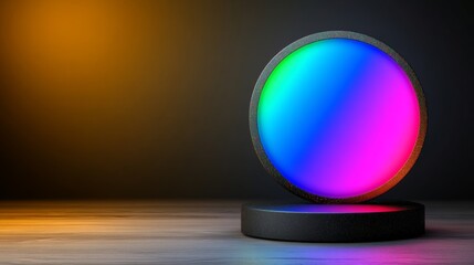 Poster - Colorful sphere sits on a pedestal in a dimly lit room. The sphere is surrounded by a dark background, which creates a sense of mystery and intrigue