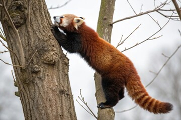 Wall Mural - red panda climbing up a tree trunk using its sharp claws to dig into the bark showcasing its arborea
