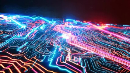 Wall Mural - abstract digital art with red and blue glowing lines and particles on a black background