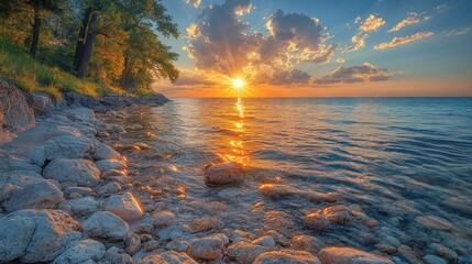 Canvas Print - Majestic Sunset over Tranquil Lake Shore