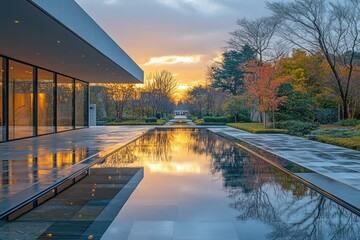 Wall Mural - Serene Sunset Reflection at Modern Architectural Garden