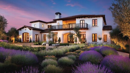 Wall Mural - Mediterranean Mansion at Dusk: Lavish Home with Lavender Gardens