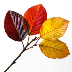 Wall Mural - Red and orange leaves on a tree branch, isolated against a white background.