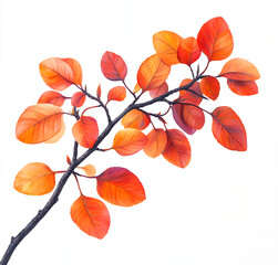 Wall Mural - Red and orange leaves on a tree branch, isolated against a white background.