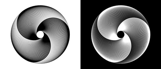 Poster - Spiral with lines as dynamic abstract vector background or logo or icon. Black circle on white background and white circle on black background. Dynamic design element with 3 parts.