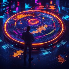 Poster - office worker analyzing holographic data analytics dashboard with glowing graphs and real time insig