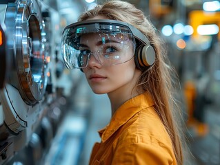 Poster - Engineer Wearing Smart Glasses Inspecting Industrial Equipment with Augmented Reality Diagnostics