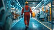 © Tadeusz - Male industrial worker in orange jumpsuit and helmet walking in factory aisle.
