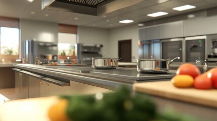 Poster - A kitchen with a stove top and a wooden cutting board with vegetables on it