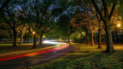 Poster - The winding road through the park lined with trees and alive with the colorful light trails of passing cars.