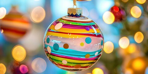 Poster - A colorful glass ornament with polka dots hangs on a Christmas tree