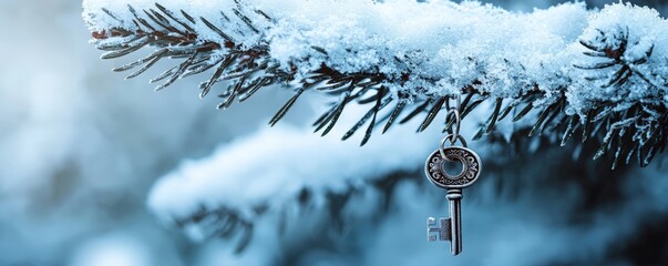 Wall Mural - a vintage key hanging from a snow covered tree branch